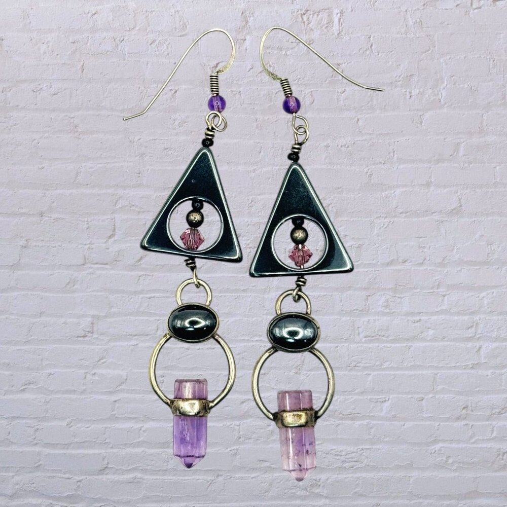 Vintage Geometric Triangle Earrings W/ Amethyst Crystal Dangle & Hematite Accent